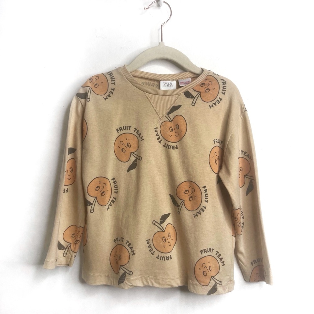 Zara Kids Fruit Graphic "Fruit Team" Long Sleeve Cotton Tee NWT Size 2-3 Years